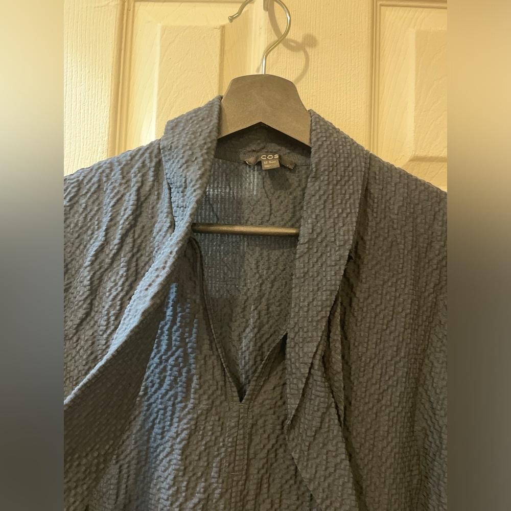 COS Blue Linen Tie Neck Shirt - Picture 2 of 5